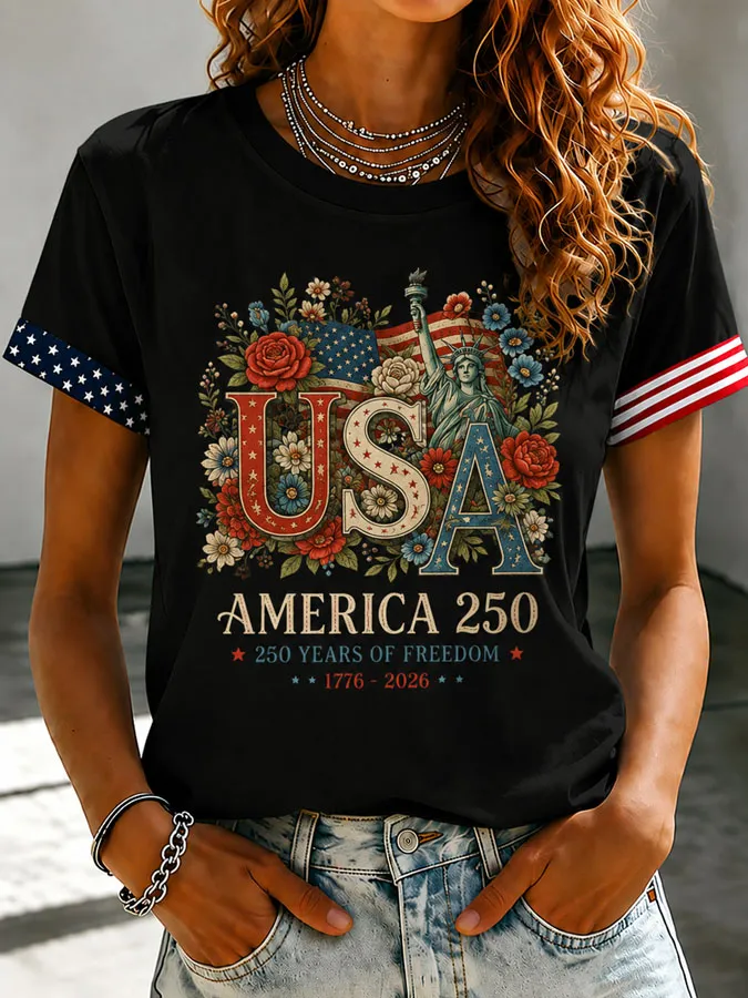Women's  Floral America 250 Years of Freedom Printed Casual T-shirt