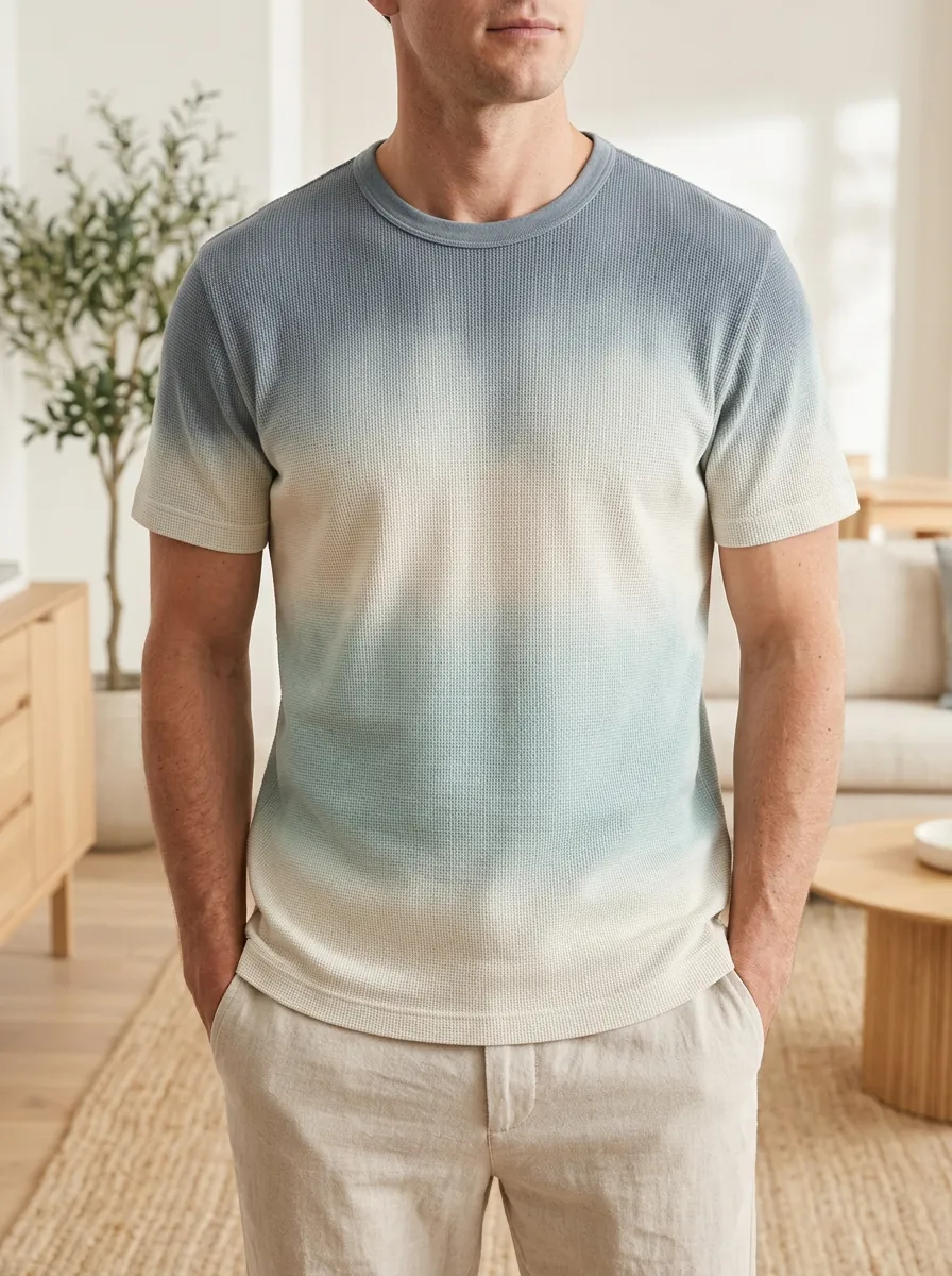 Men's Ombre Waffle Knit Classic Crew Neck T-Shirt