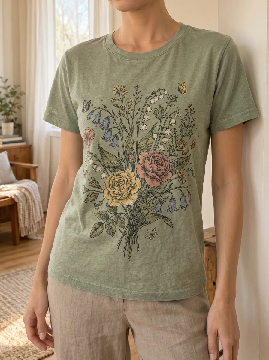 Women's Botanical Wildflower Bouquet Butterfly Printed T-shirt