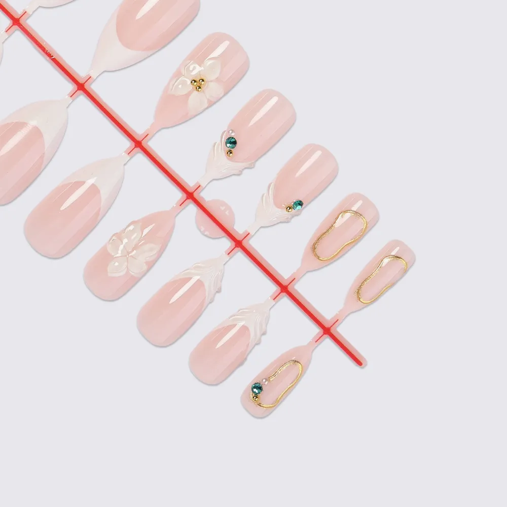 Nailhour 24Pcs Nude French Floral Medium Almond Press On Nails