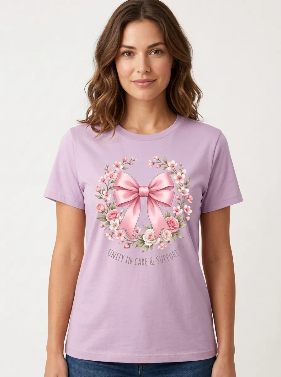 Women's Breast Cancer Awareness Pink Bow Floral Wreath Printed T-shirt
