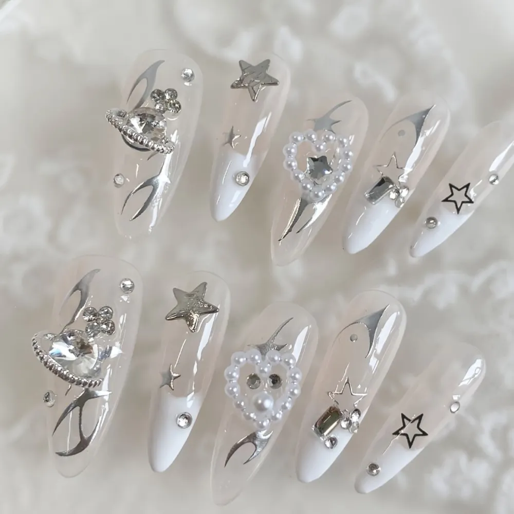 Nailhour 10Pcs 3D French Rhinestone Medium Almond Press On Nails