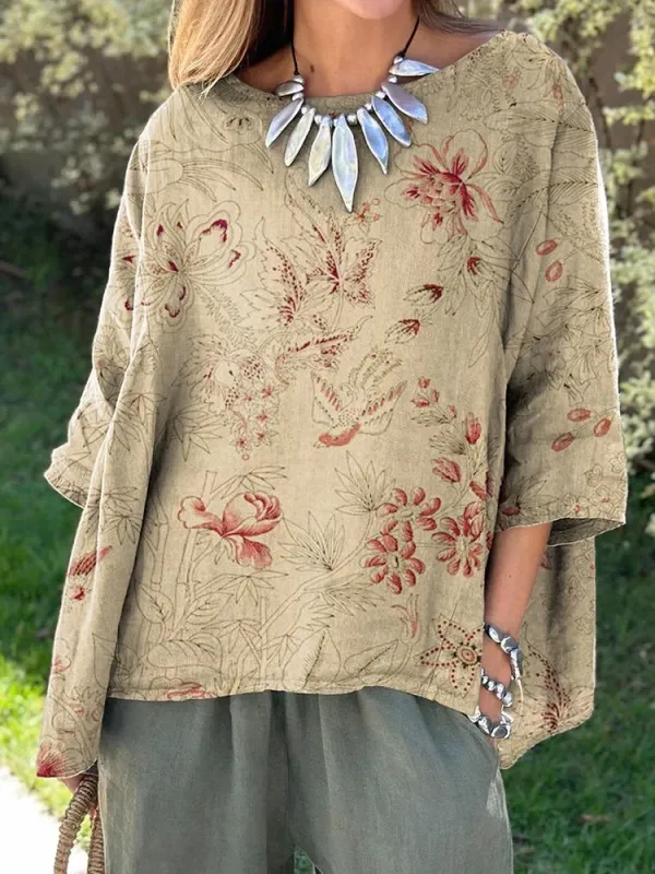 Women's Elegant Floral Print Round Neck Shirt