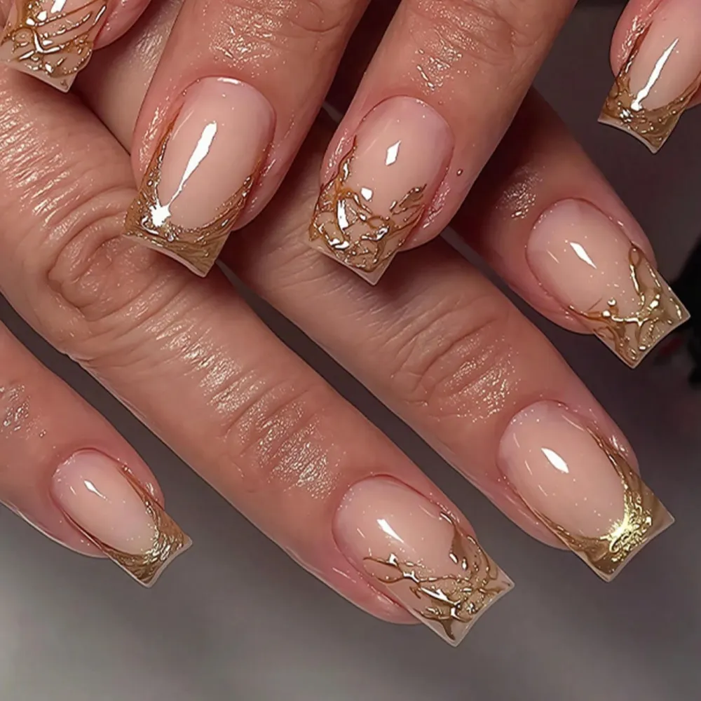Nailhour 24Pcs Gilded French Medium Square Press On Nails