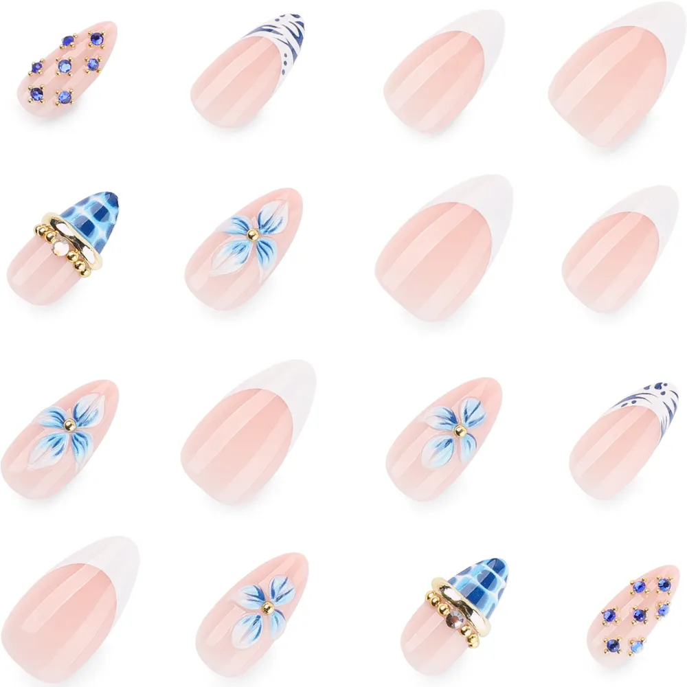 Nailhour 24Pcs Blue Rhinestone Medium Almond Press On Nails