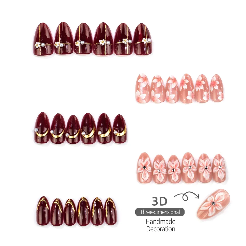 Nailhour 30Pcs Medium Almond French Floral 3D Press On Nails