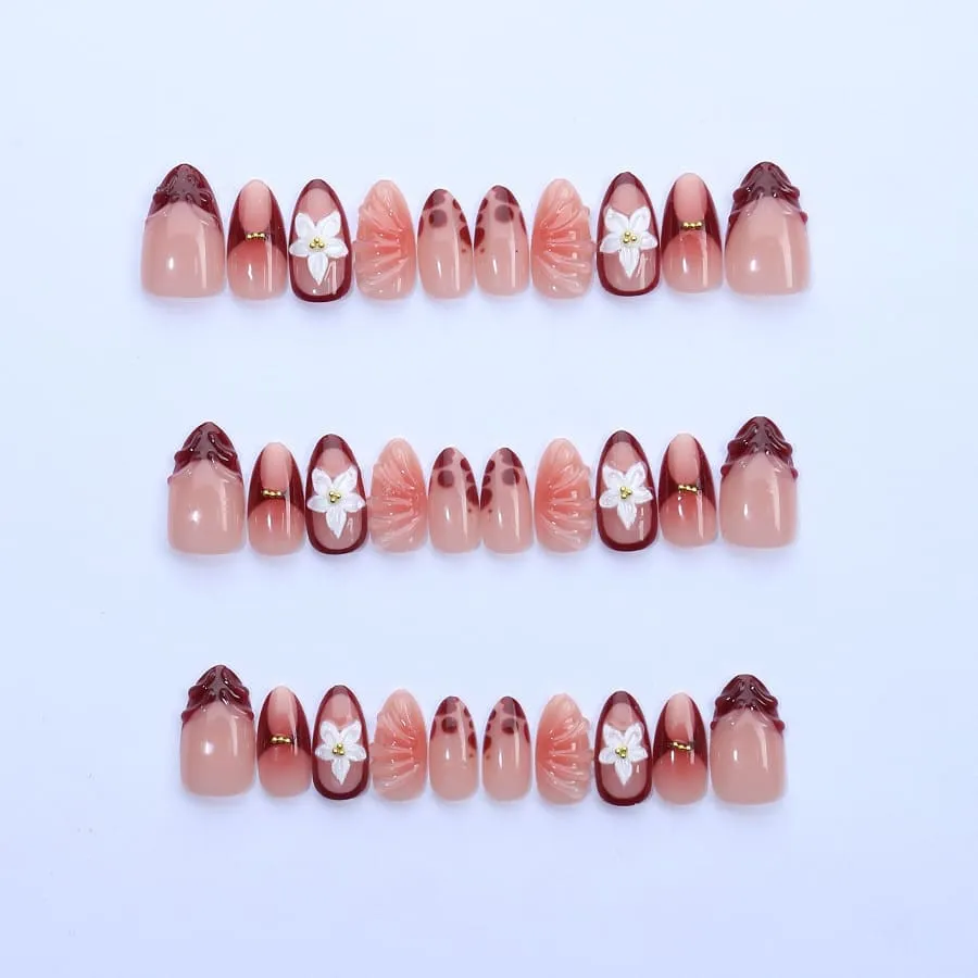 Nailhour 30Pcs Floral 3D Medium Brown Almond French Press On Nails