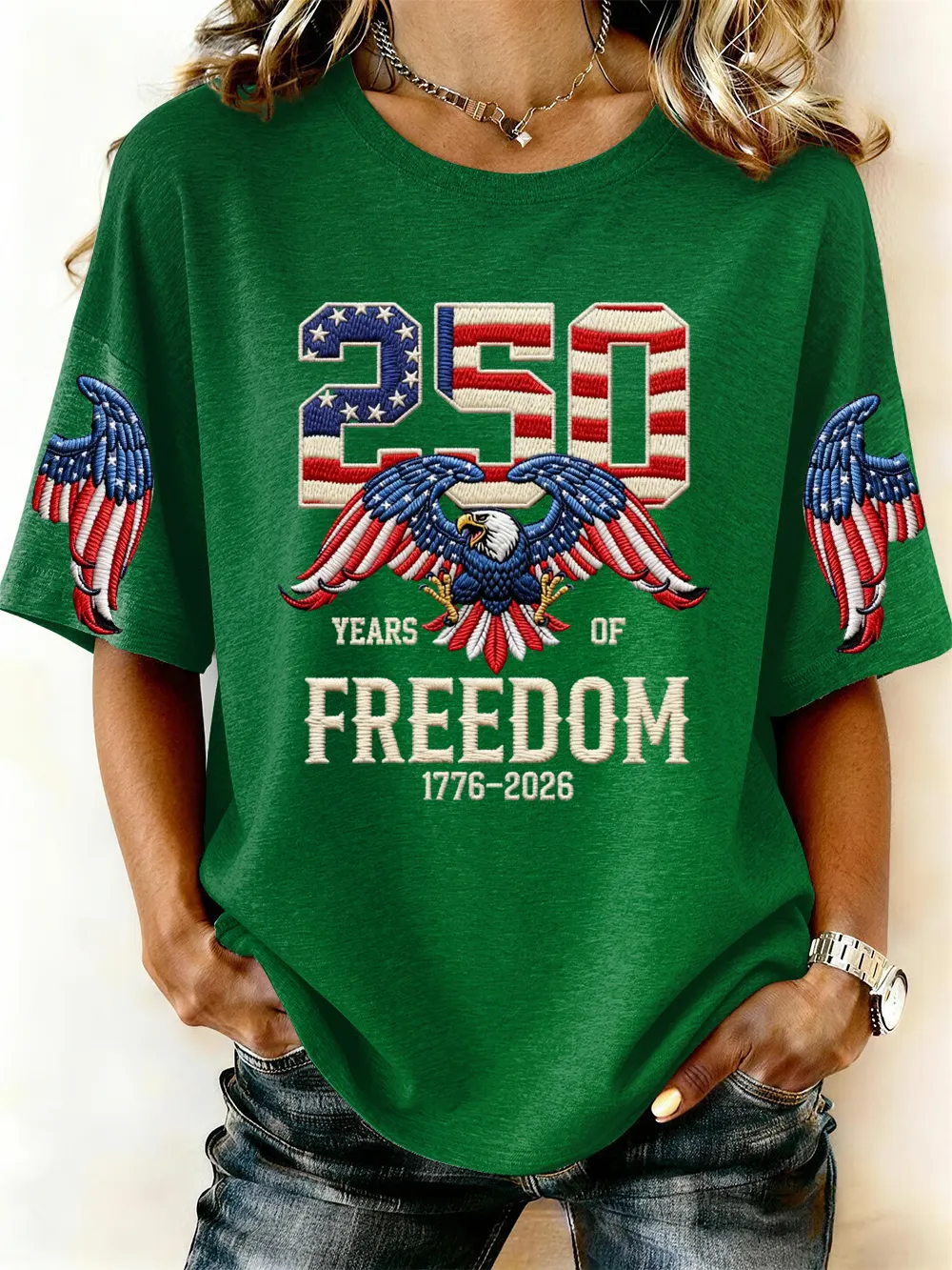 Women’s USA 250th Anniversary Embroidered Print Crew Neck Short Sleeve T-Shirt