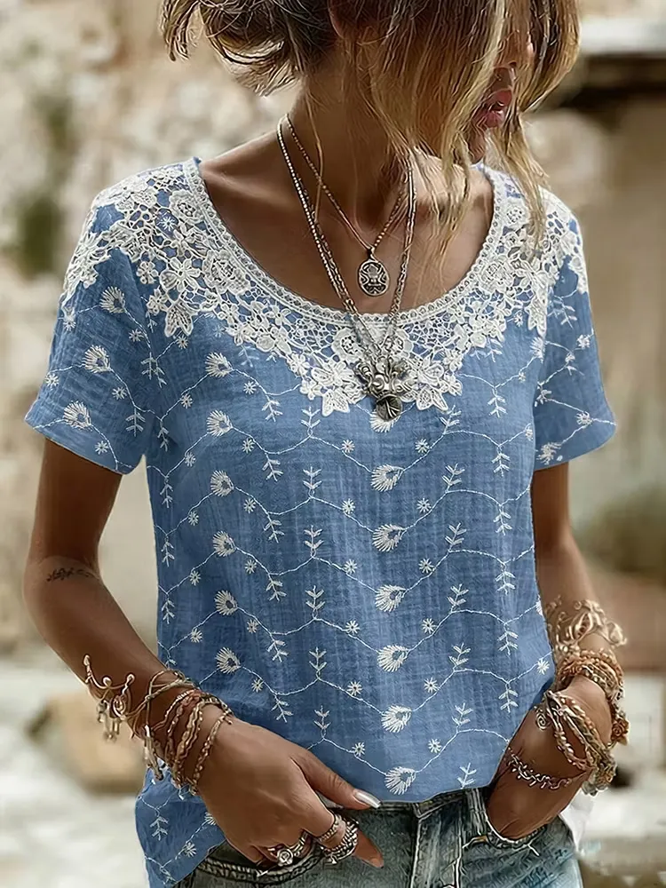 Women's Retro Floral Line Printed Round Neck Short Sleeve Linen Blended T-shirt