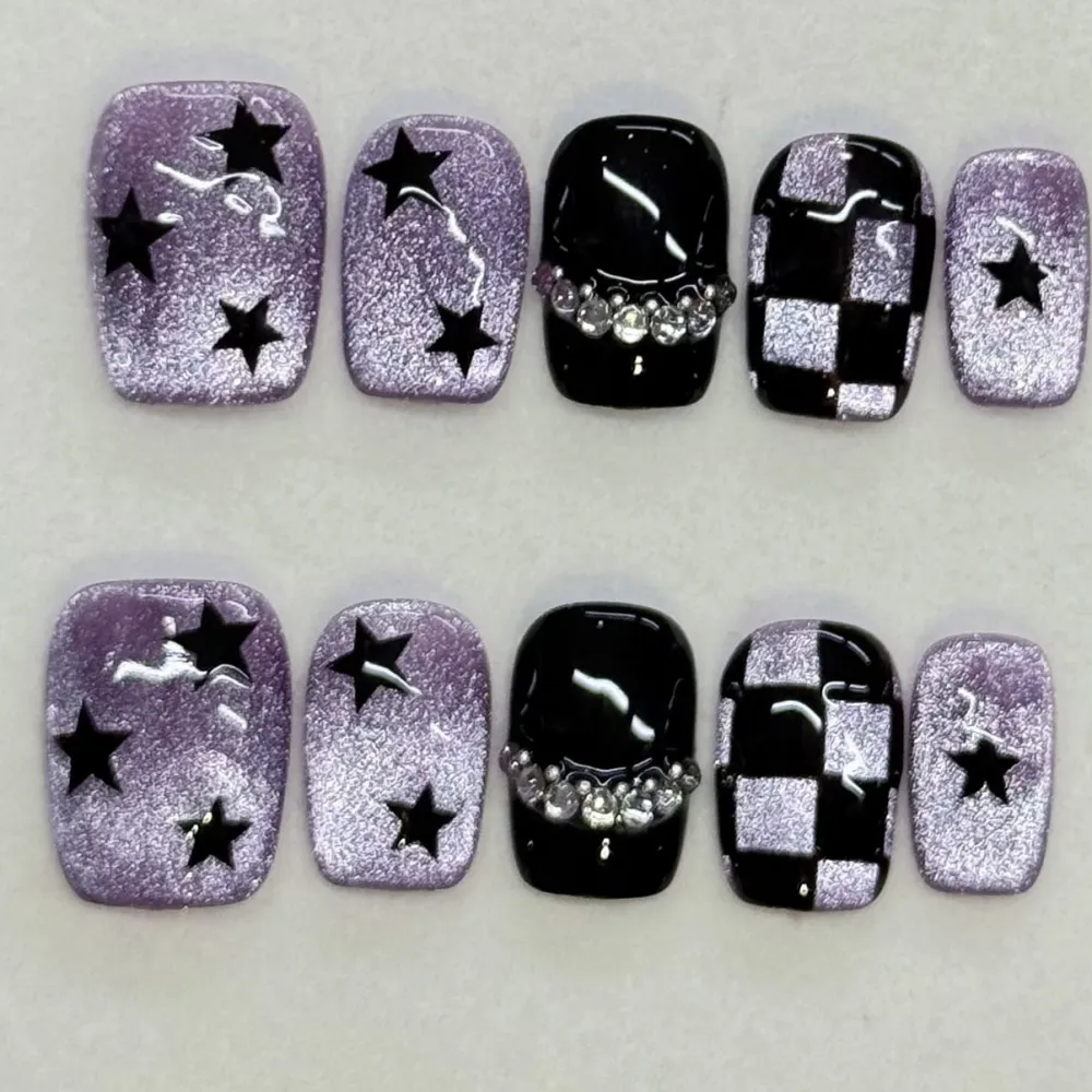 Nailhour 10Pcs Purple Gothic Cat Eye Short Square Press On Nails