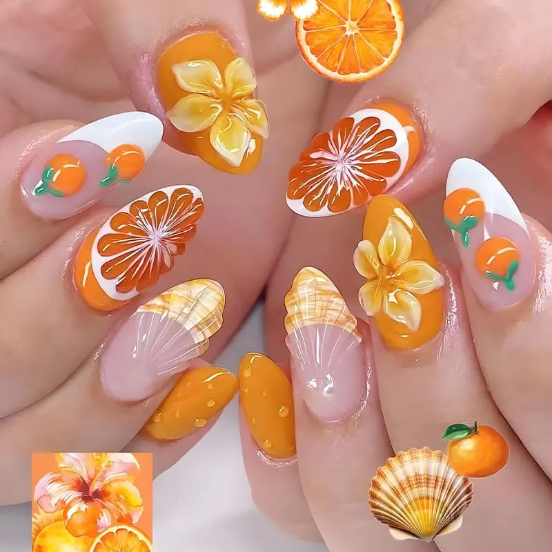 Nailhour 30Pcs Orange 3D Gradient Medium Almond French Press On Nails