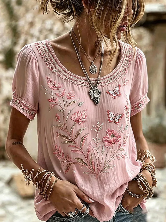 Women's Boho Floral Patchwork Embroidered Puff Sleeve Top
