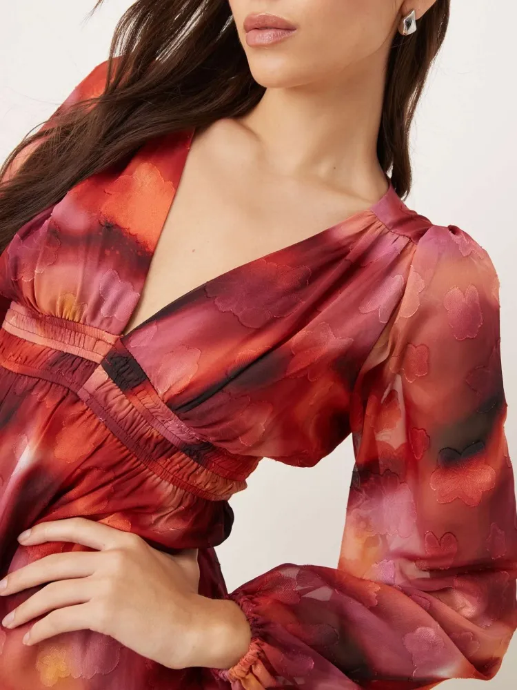 Printed V Neck  Long Sleeve Dress