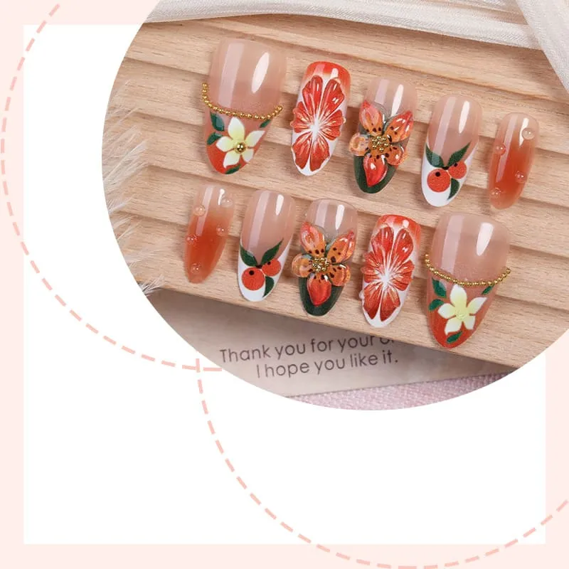 Nailhour 30Pcs 3D Orange Floral Autumn Medium Almond Press On Nails