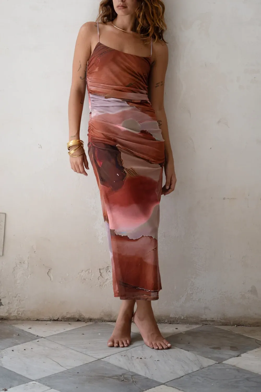 Rust Abstract Mesh Midi Dress