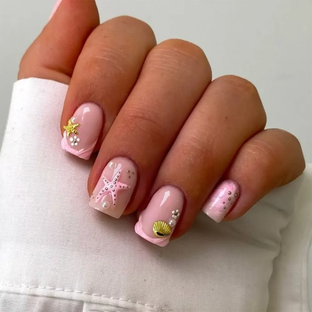 Nailhour 24Pcs Pink 3D Resin Short Square Press On Nails