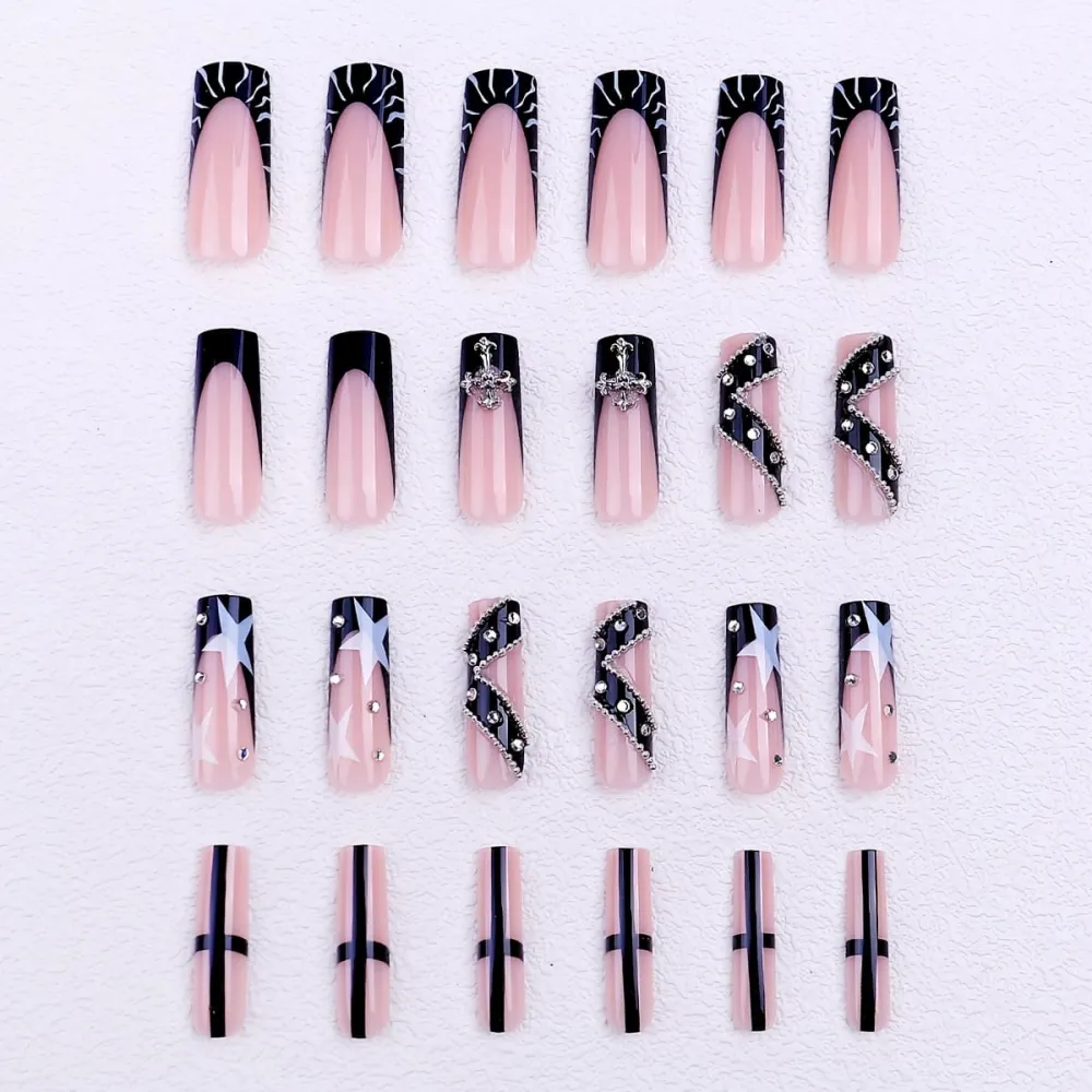 Nailhour 24Pcs Black French Y2K Rhinestone Medium Square Press On Nails