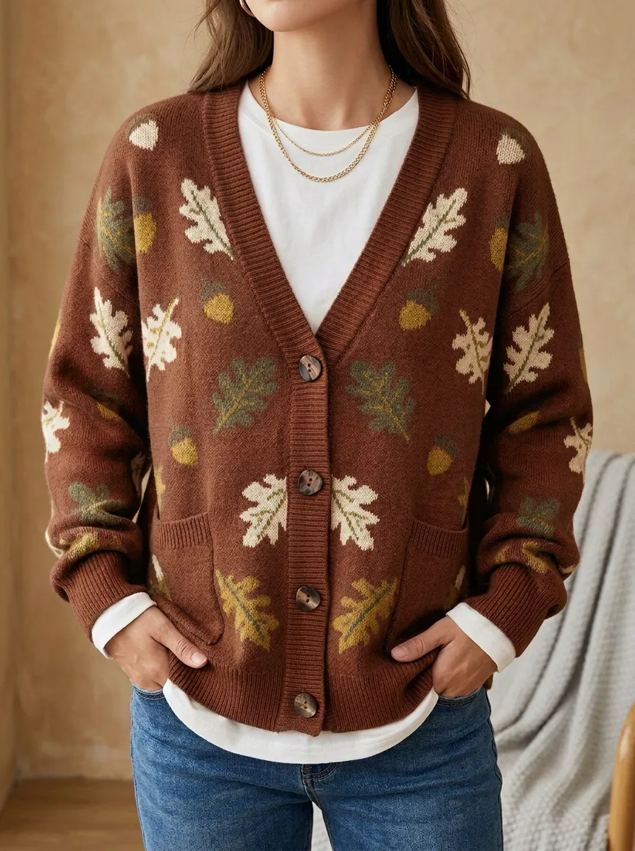 Botanical Oak Leaf Acorn Pattern Patterned Women's Knit Cardigan