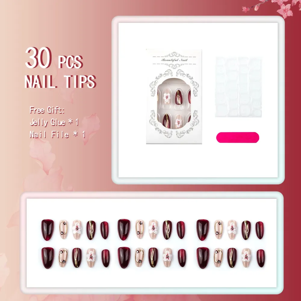 Nailhour 30Pcs Floral Red 3D Medium Almond French Press On Nails