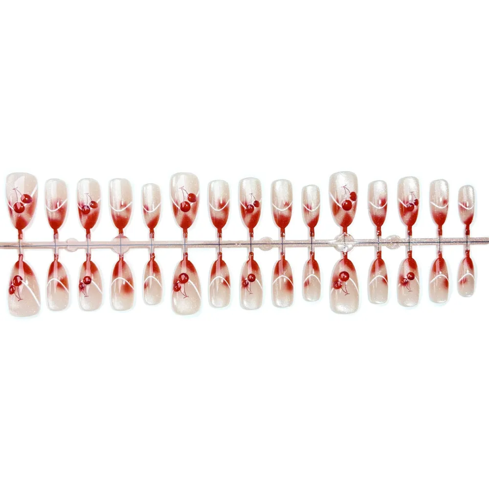 Nailhour 30Pcs Cat Eye 3D Cherry Medium Almond French Press On Nails