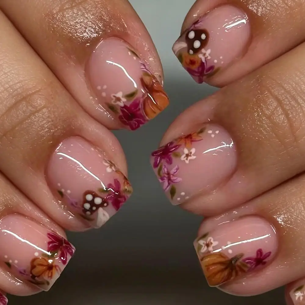 Nailhour 24Pcs Autumn Pumpkin Blossom Short Square Press On Nails