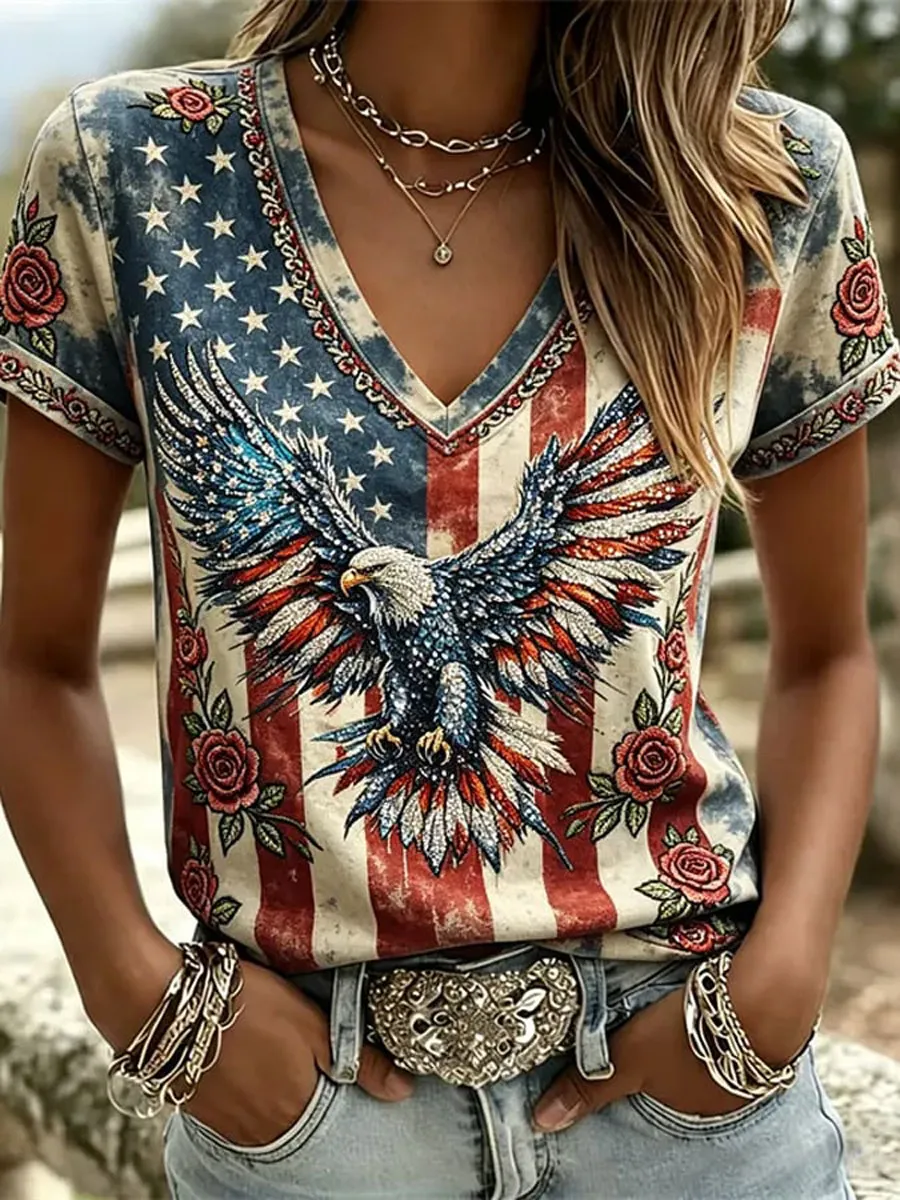 Women'S Casual American 250Th Anniversary Printed Short-Sleeve T-Shirt