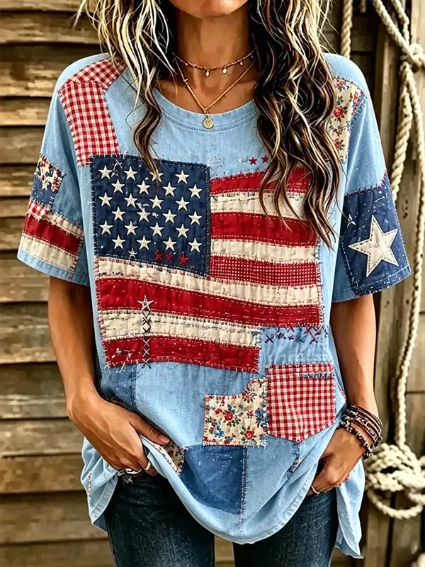 Women'S Retro Western Patriotic Printed Round Neck T-Shirt