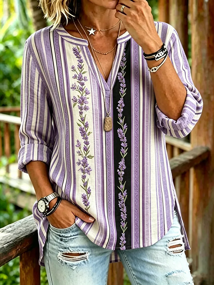 Women'S Casual Floral Embroidered V-Neck Top