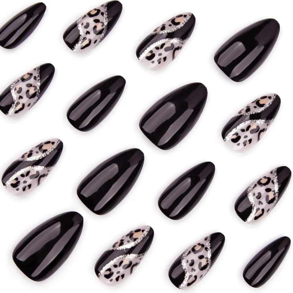 Nailhour Black Minimalist 24Pcs Leopard Winter Press On Nails