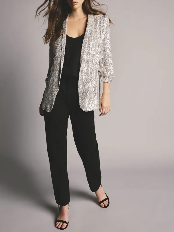 Silver Sequin Pleated Sleeve Suit Jacket
