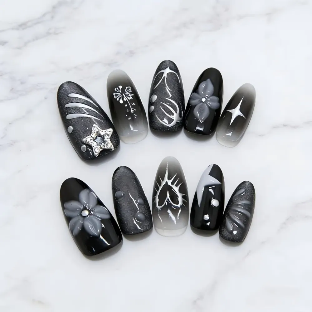 Nailhour 30Pcs Rhinestone 3D Floral Cat Eye Black Medium Almond Press On Nails
