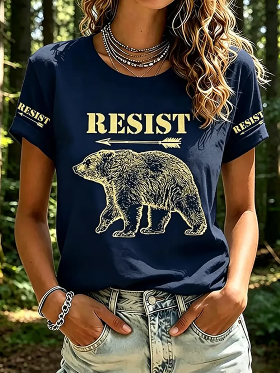 Women's Resist Bear Print Retro Short-Sleeve T-Shirt