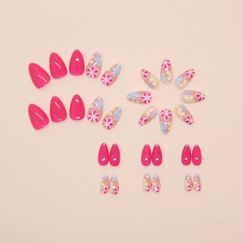 Nailhour Pink 30Pcs Floral Almond Summer Press On Nails