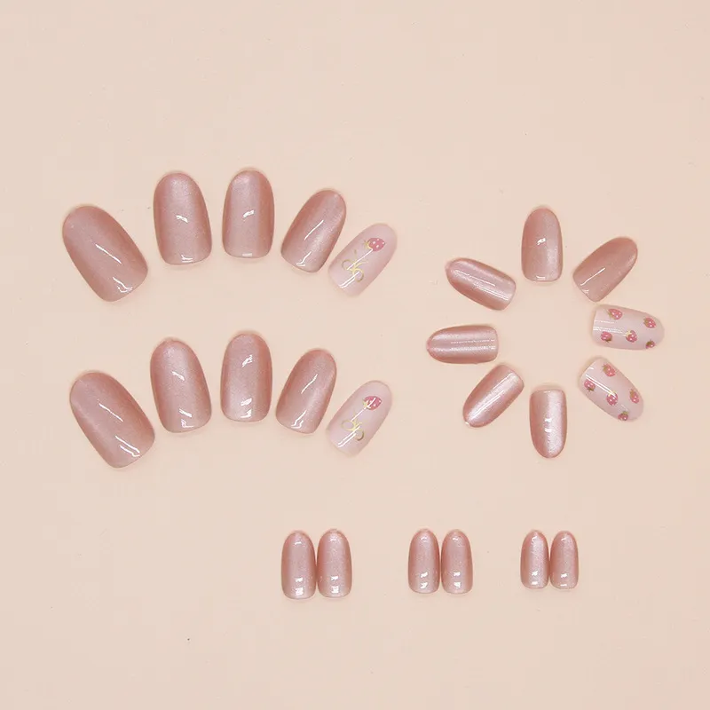 Nailhour Oval Strawberry 24Pcs Cute Short Cat Eye Press On Nails