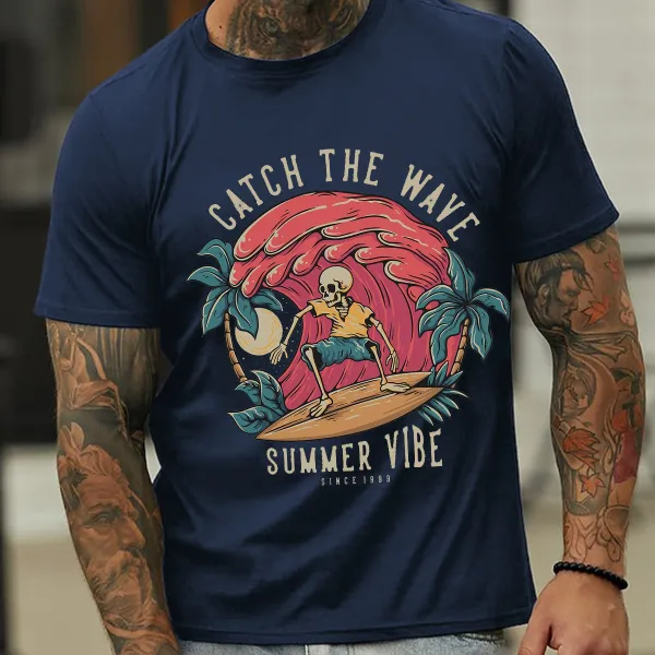 Skull Surfing Wave Catching Graphic T-Shirt