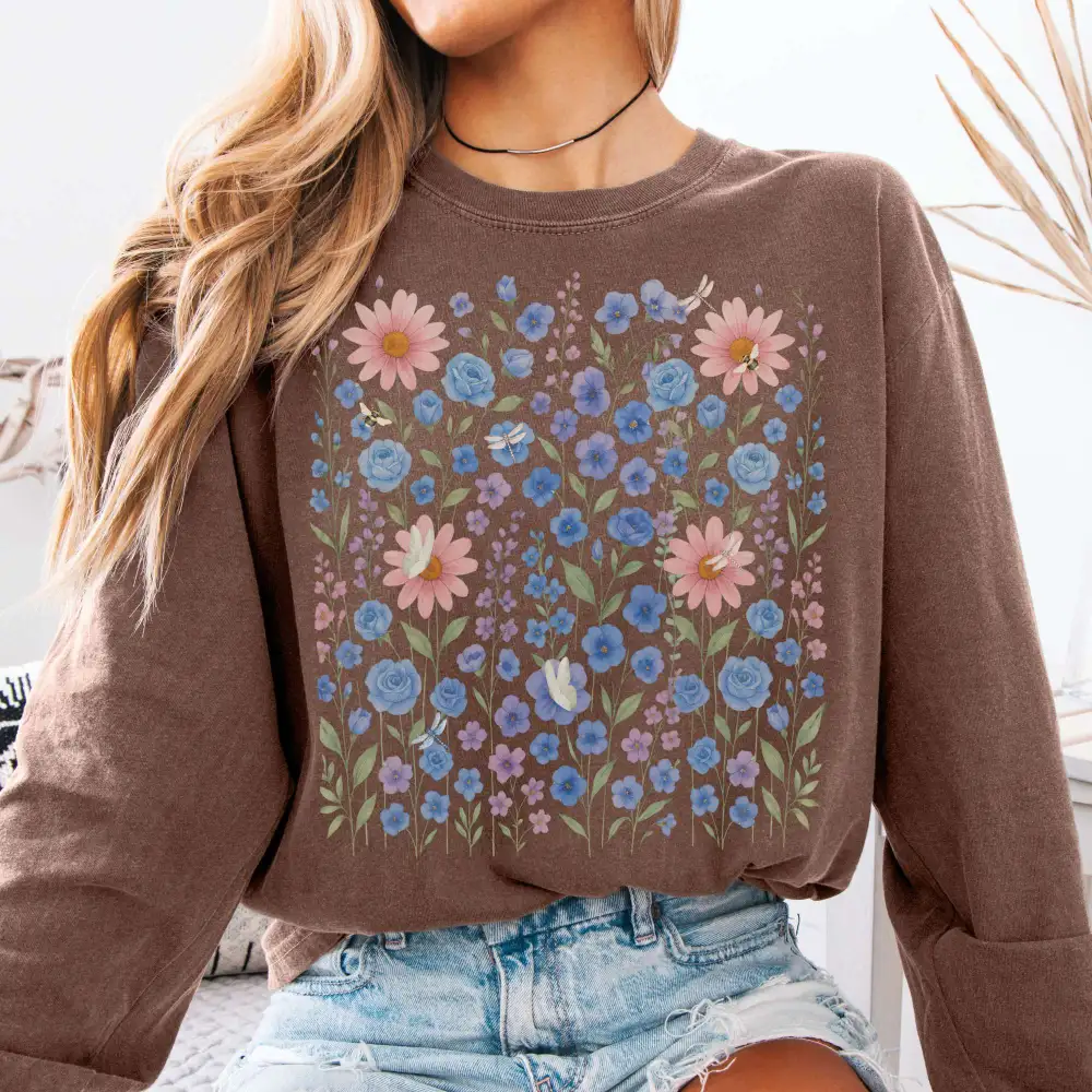 Blue Violet Wildflowers Long Sleeve Shirt