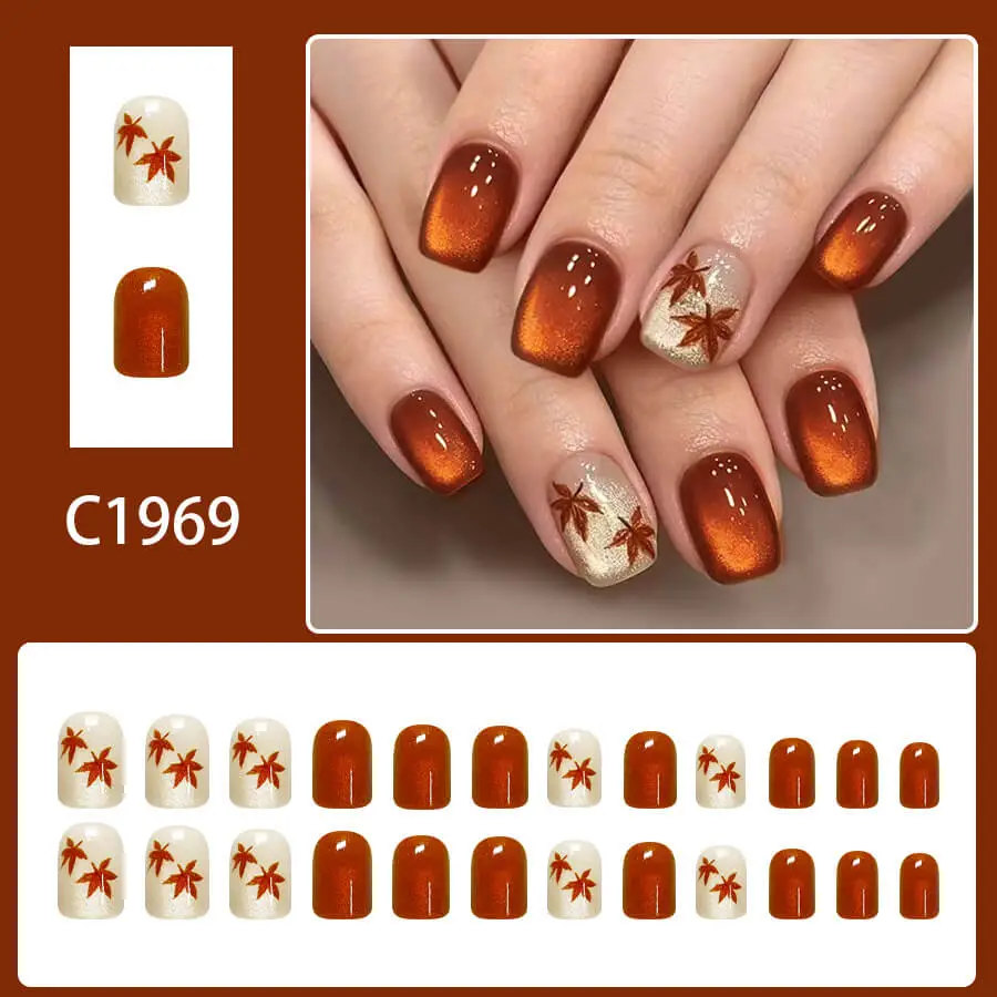 Nailhour 24Pcs Orange Holiday Short Square Cat Eye Press On Nails