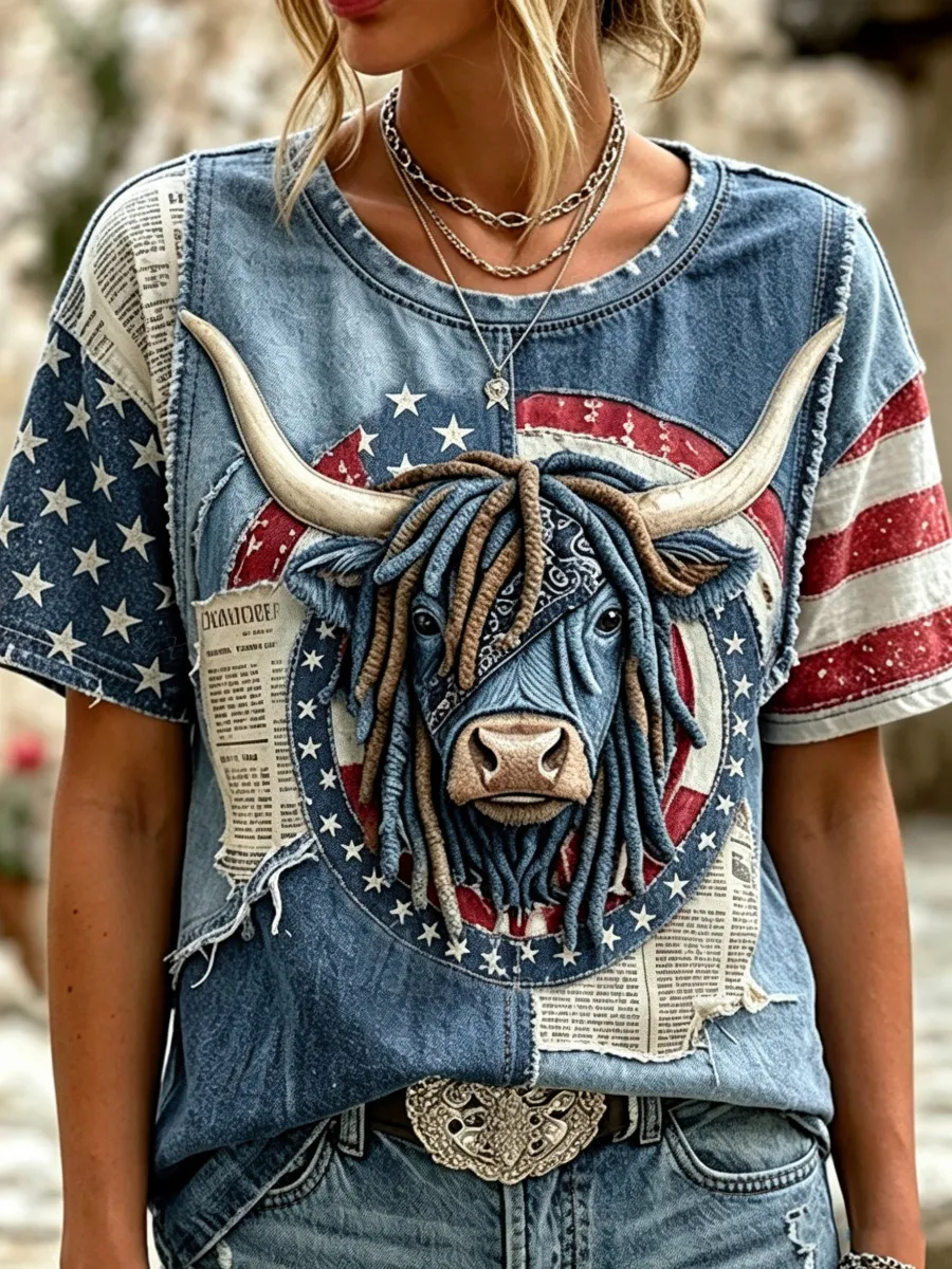 American Flag and Highland Cow Patchwork Design Women's Vintage T-Shirt