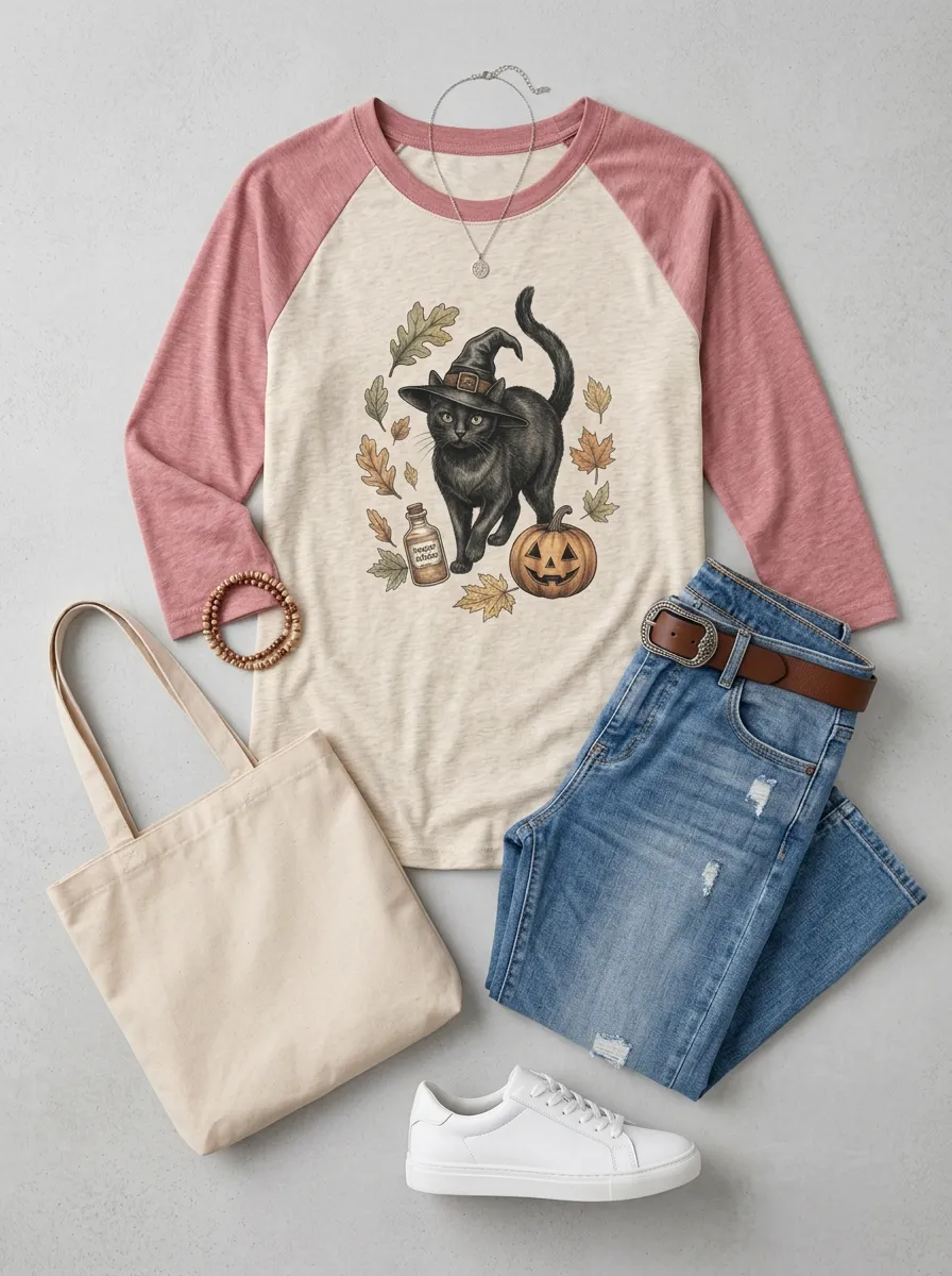 Women's Halloween Cat Witch Pumpkin Potion Printed T-shirt