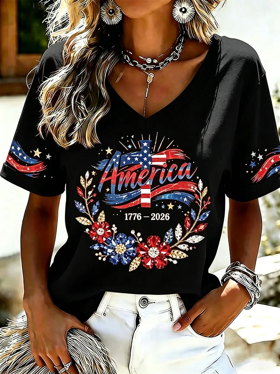 Women'S Casual American 250Th Anniversary Printed Short-Sleeve T-Shirt