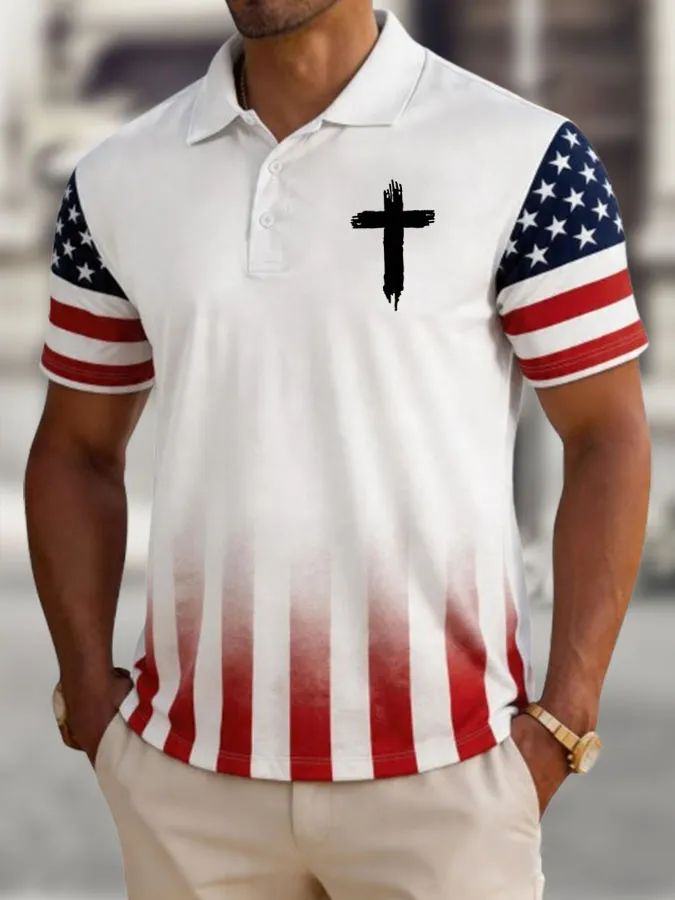 Men'S Flag Cross Printed Casual Polo Shirt