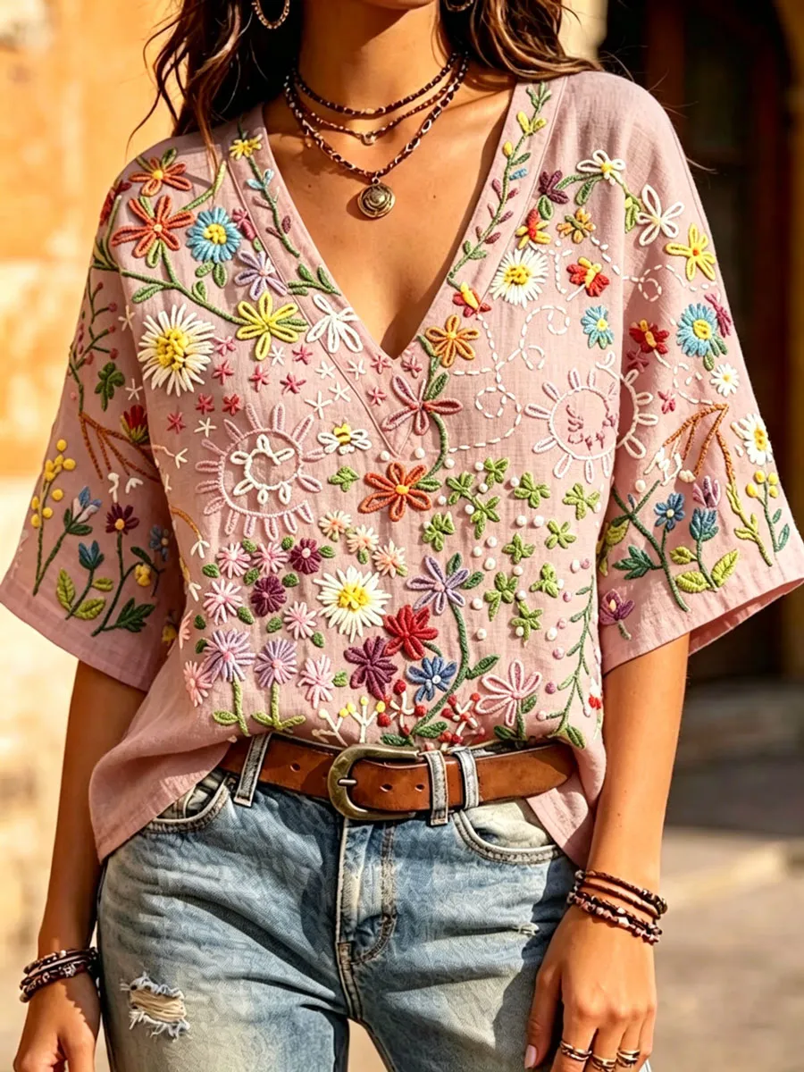 Women'S Vintage  Floral Art V-Neck Top