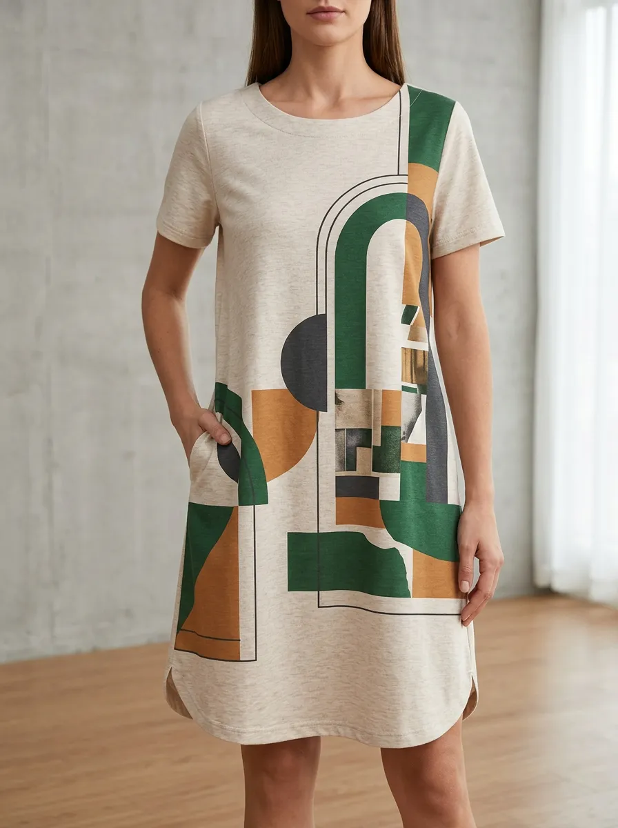 Women's Pocketed Geometric Print Shift Dress