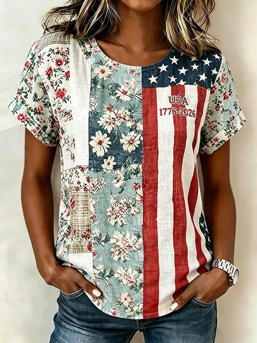 Women'S Casual Retro American 250Th Anniversary Printed Short Sleeved T-Shirt