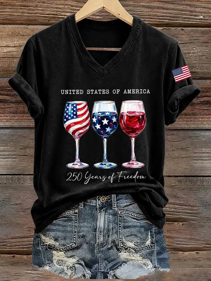 Women's retro flag cross print V-neck short sleeved T-shirt