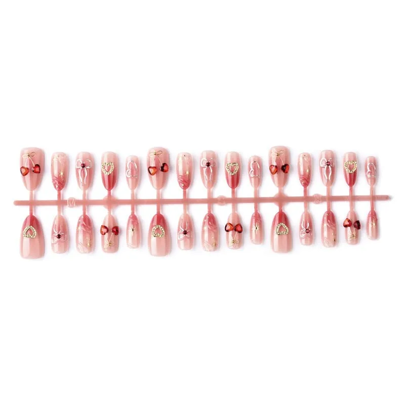 Nailhour 30Pcs Heart Bow 3D Medium Almond French Press On Nails