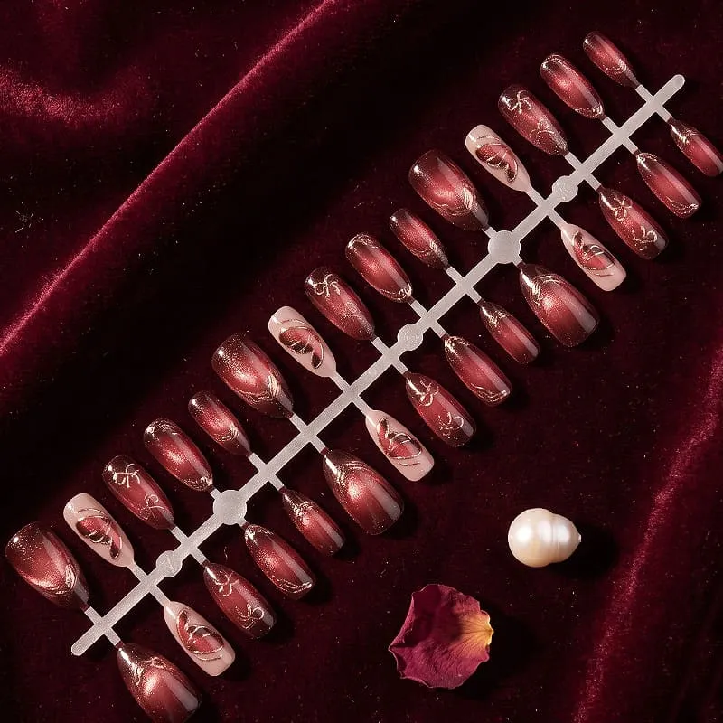 Nailhour 30Pcs Red 3D Medium Almond Vintage French Press On Nails