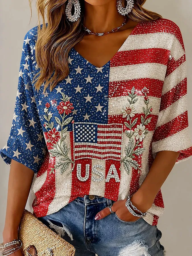 Women'S Retro Independence Day Art Printed Casual T-Shirt