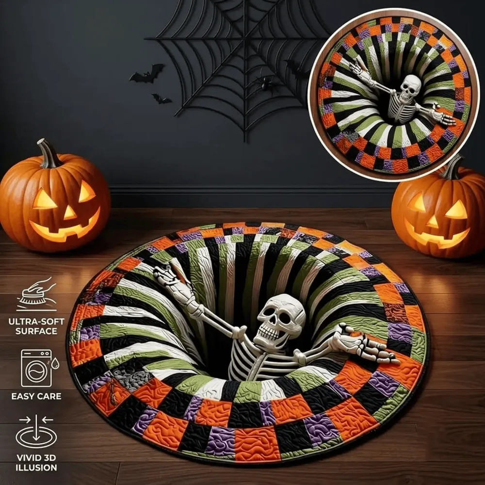 Halloween Round Rug 3D Skeleton Vortex Quilted Illusion Mat(80*80CM)