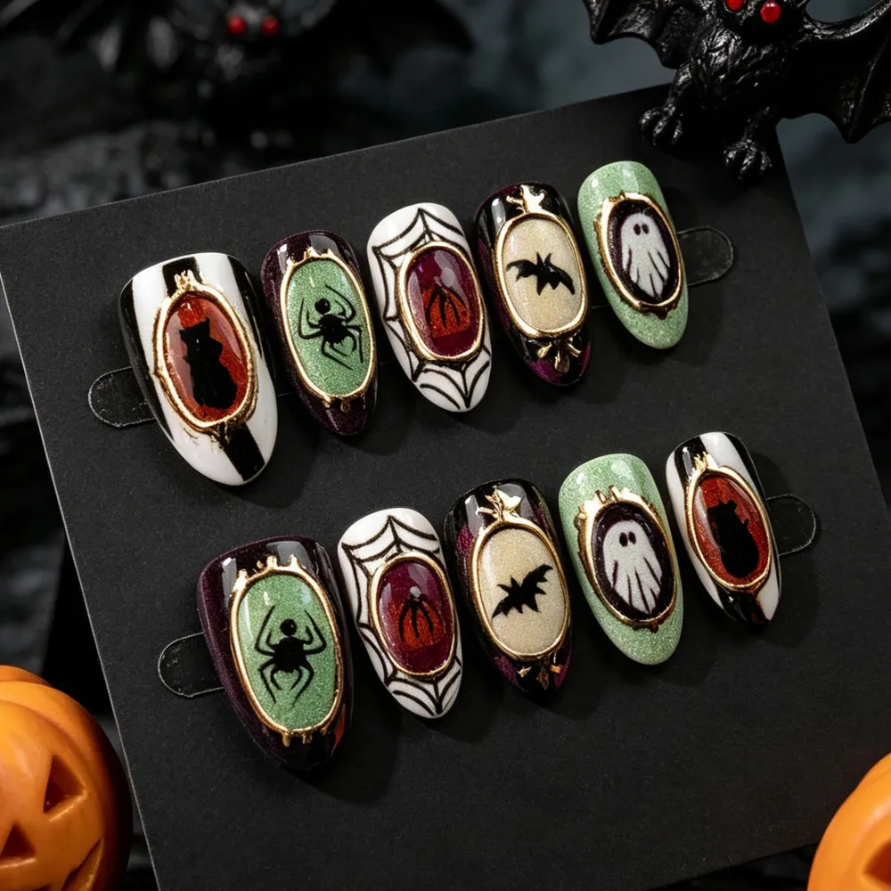 Nailhour 30Pcs Gilded Multicolor Bat Ghost Spider Halloween Short Almond Press On Nails